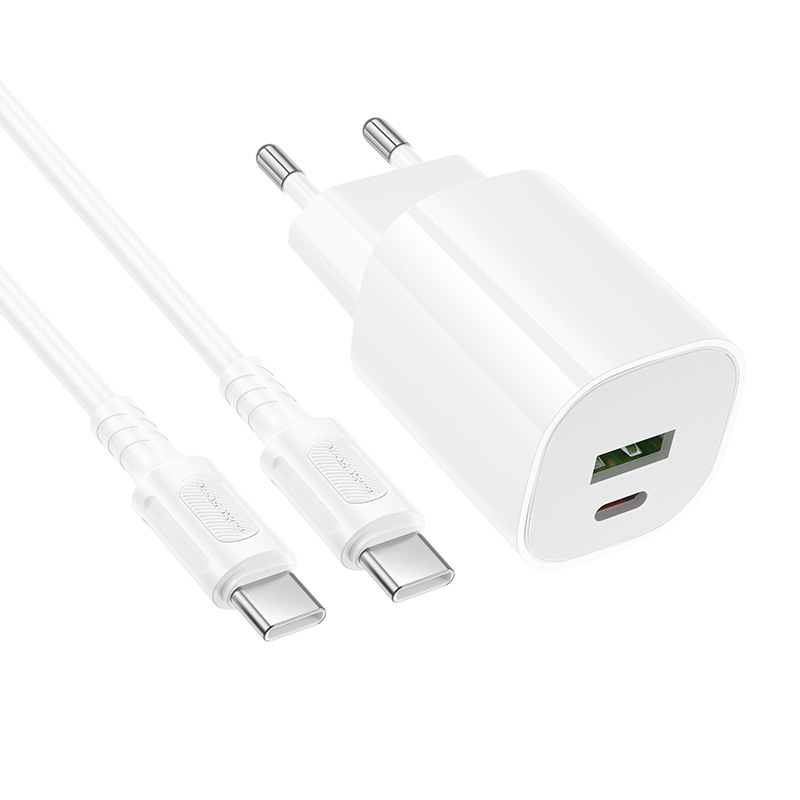 Сетевое зарядное устройство BOROFONE BA104A Pudding 1xUSB + 1xUSB-C с Кабелем Type-C - Type-C, 3A, 20W, белый фото
