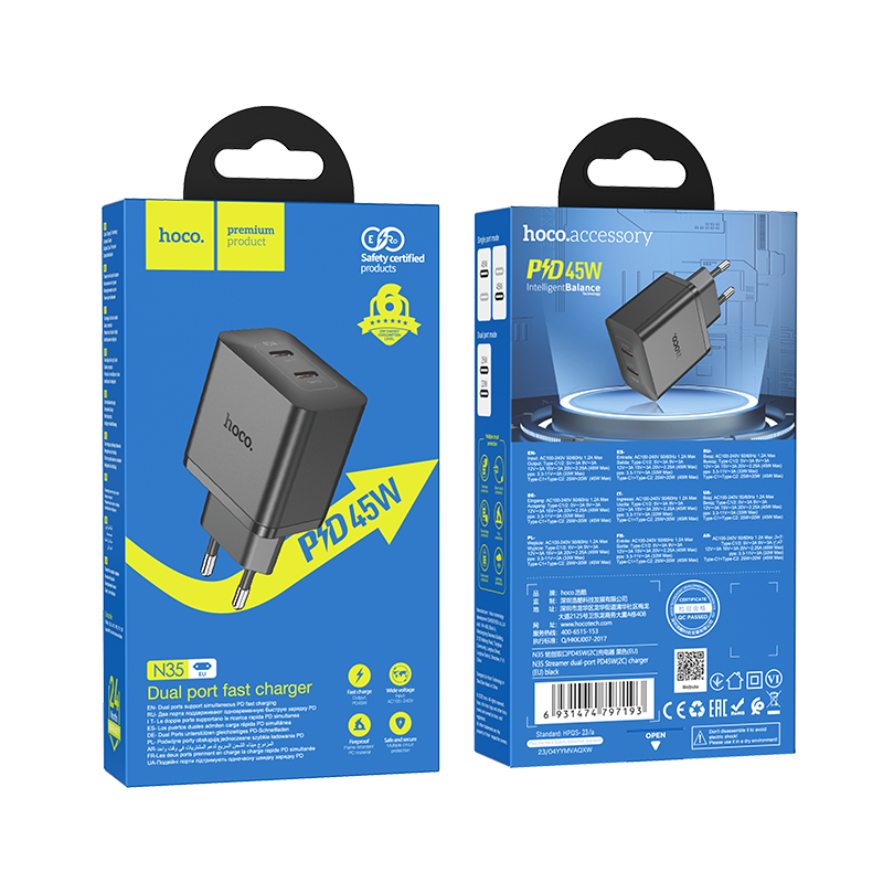 Сетевое зарядное устройство HOCO N35 Streamer 2xUSB-C, 45W, черный фото