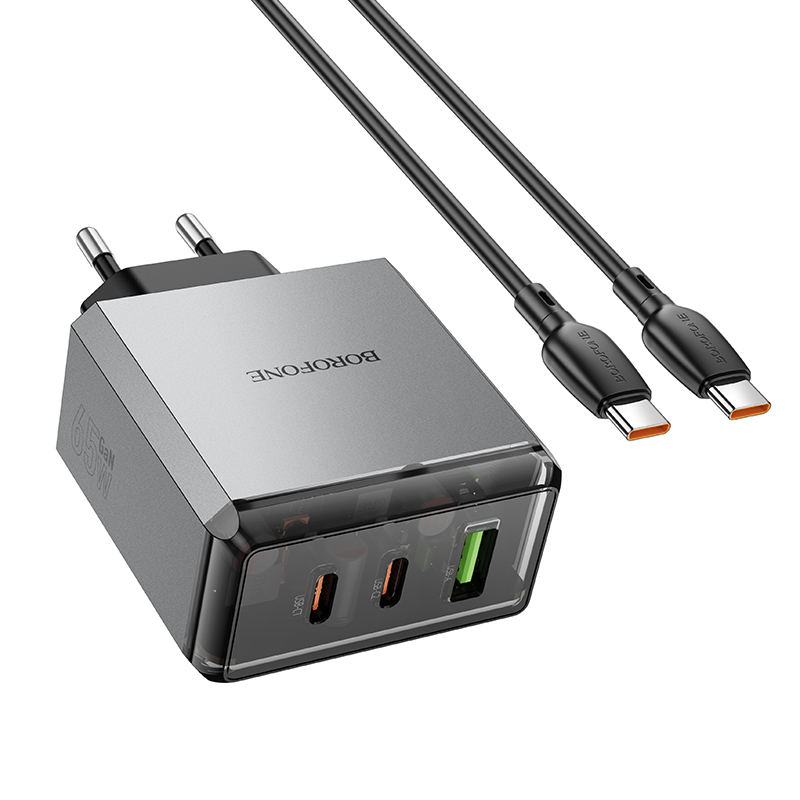 Сетевое зарядное устройство BOROFONE BN22 Lena 1xUSB + 2xUSB-C с Кабелем Type-C - Type-C, 3A, 65W, серый металлик фото