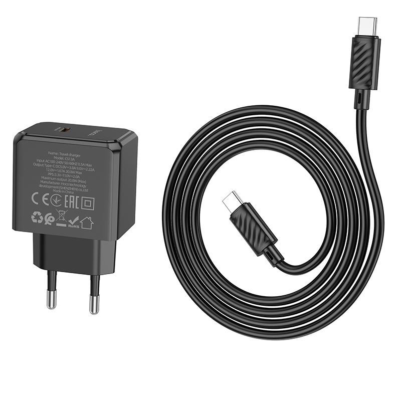 Сетевое зарядное устройство HOCO CS13A Ocean 1xUSB-C с Кабелем Type-C - Type-C, 20W, черный фото