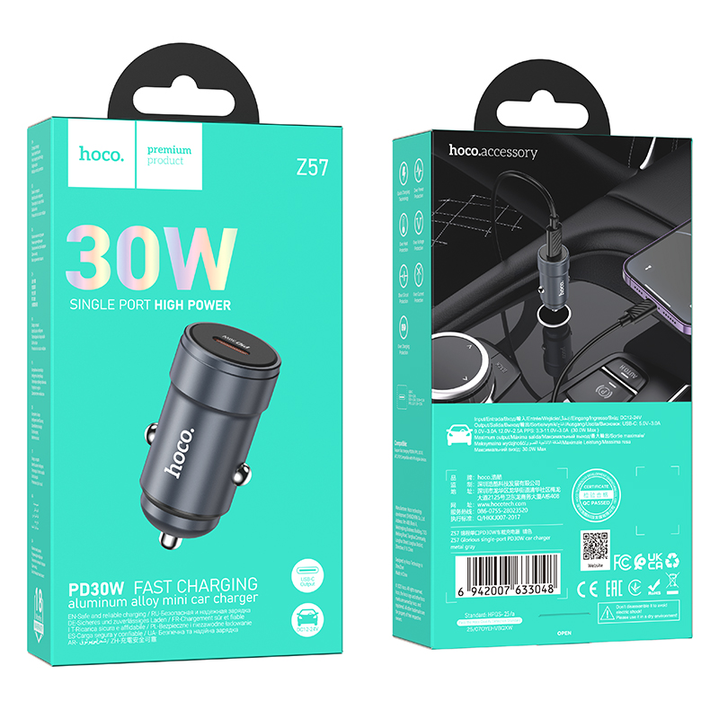 Автомобильное зарядное устройство HOCO Z57 Glorious, 1xUSB-C, 30W, серый металлик фото