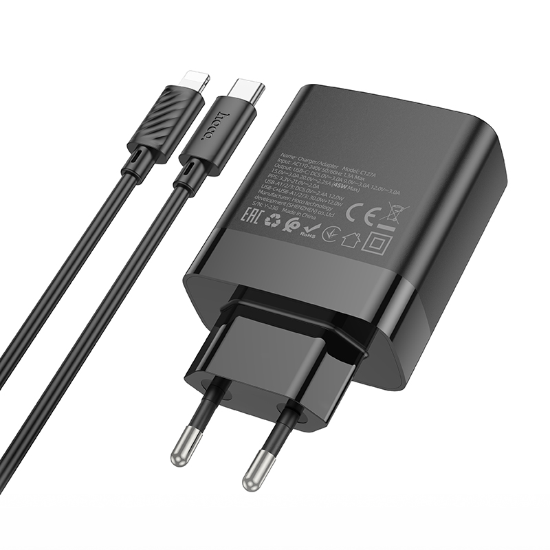 Сетевое зарядное устройство HOCO C127A Intelligent 3xUSB + 1xUSB-C с Кабелем Type-C - Lightning, 45W, черный фото