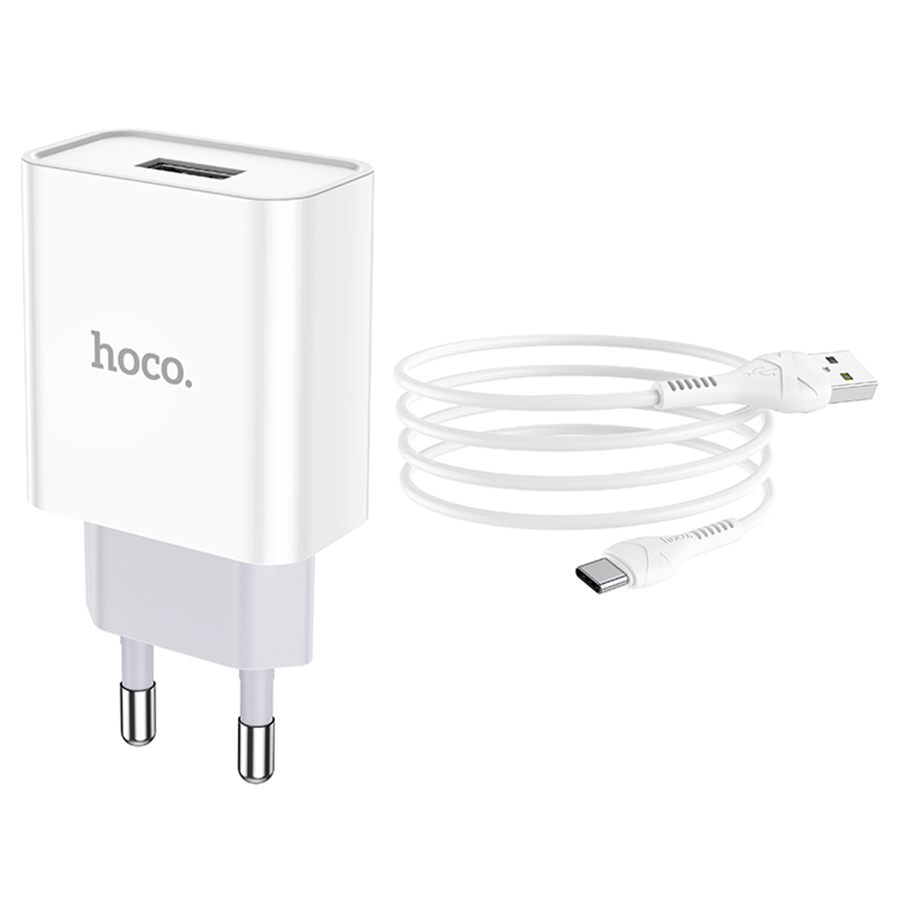 Сетевое зарядное устройство HOCO C81A Asombroso single 1xUSB с Кабелем USB - Type-C, 2.1A, 10W, белый фото