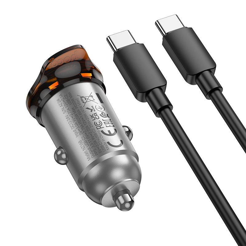Автомобильное зарядное устройство HOCO NZ16B Rigorous, 2xUSB-C с Кабелем Type-C - Type-C, 45W, серый металлик фото
