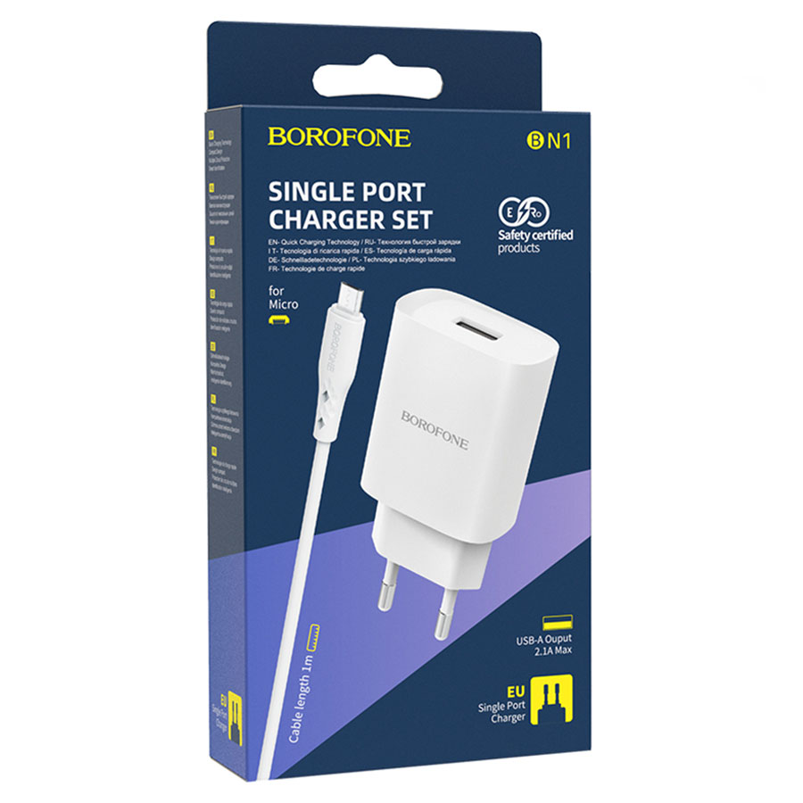 Сетевое зарядное устройство BOROFONE BN1 Innovative 1xUSB с Кабелем USB - Micro, 2.1A, белый фото