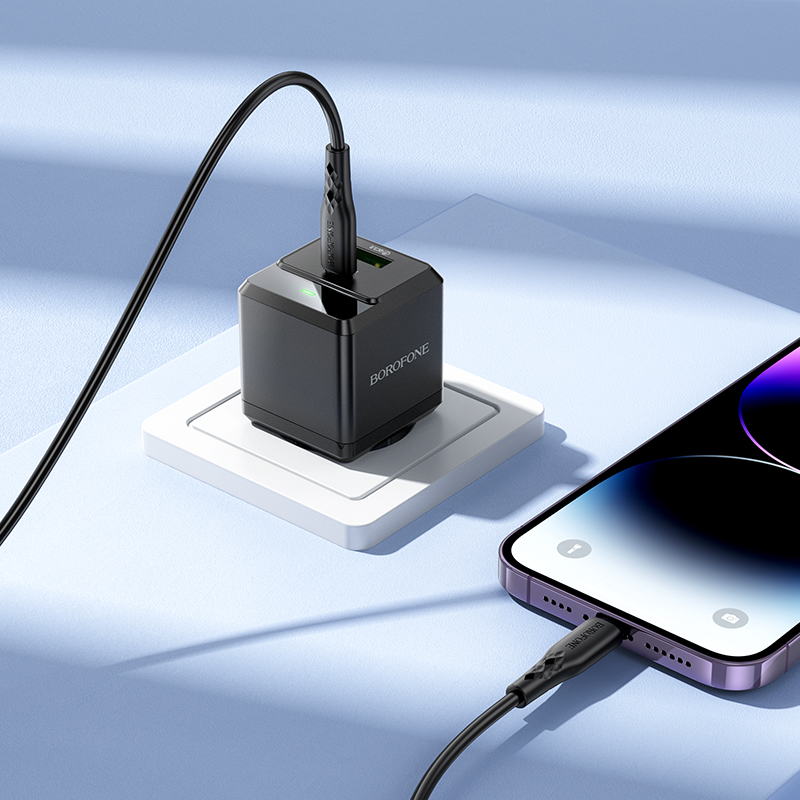Сетевое зарядное устройство BOROFONE BN19 Intenso 1xUSB + 1xUSB-C с Кабелем Type-C - Lightning, 3A, 20W, черный фото
