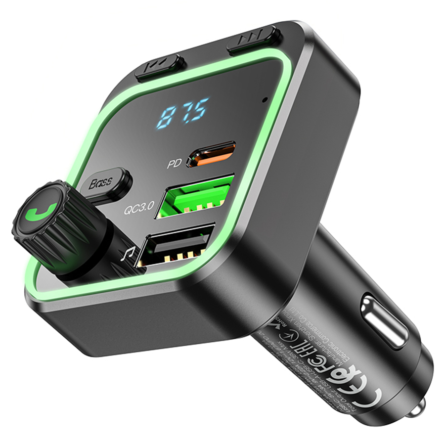 Автомобильное зарядное устройство с FM-Трансмиттер BOROFONE BC53 Highway, 2xUSB + 1xUSB-C, 20W, черный фото