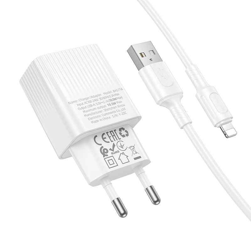 Сетевое зарядное устройство BOROFONE BAS71A Source 1xUSB с Кабелем USB - Lightning, 2.1A, белый фото