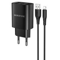 Сетевое зарядное устройство BOROFONE BN2 super fast 2xUSB с Кабелем USB - Lightning, 2.1A, черный фото
