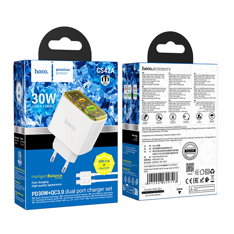 Сетевое зарядное устройство HOCO CS42A Smart 1xUSB + 1xUSB-C с Кабелем Type-C - Lightning, 3A, 30W, белый фото