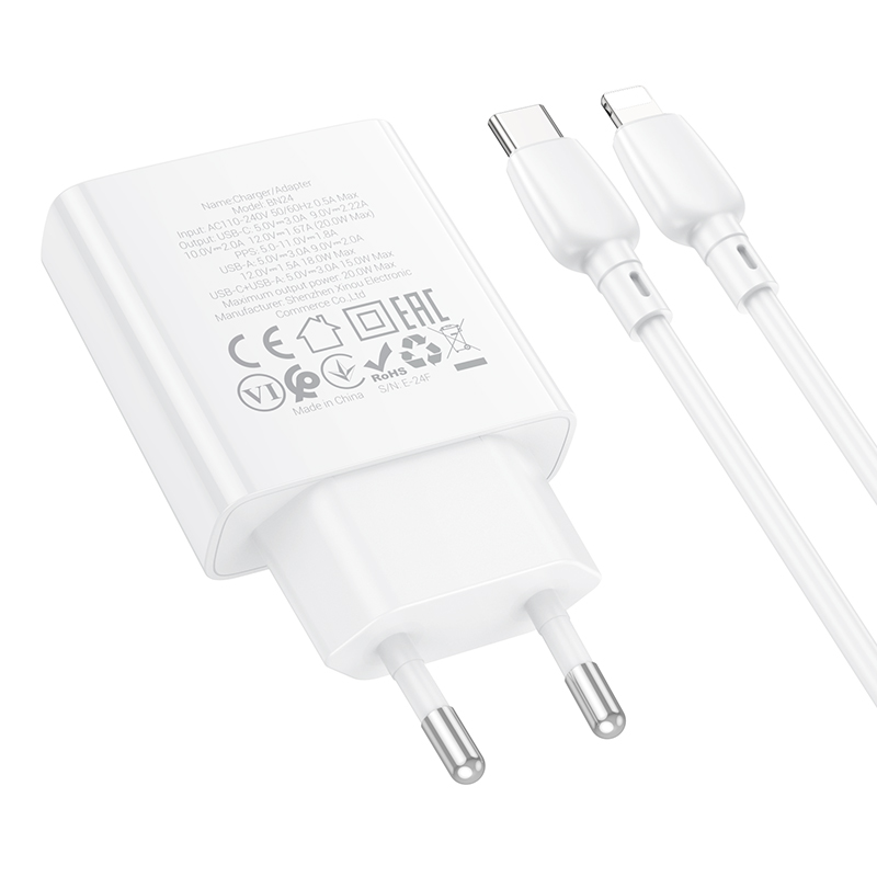 Сетевое зарядное устройство BOROFONE BN24 Wish 1xUSB + 1xUSB-C с Кабелем Type-C - Lightning, 3A, 20W, белый фото