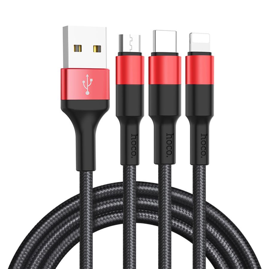 Кабель USB HOCO X26 Xpress 3 в 1 USB - Type-C + Lightning + MicroUSB, 2А, 1 м, черный+красный фото