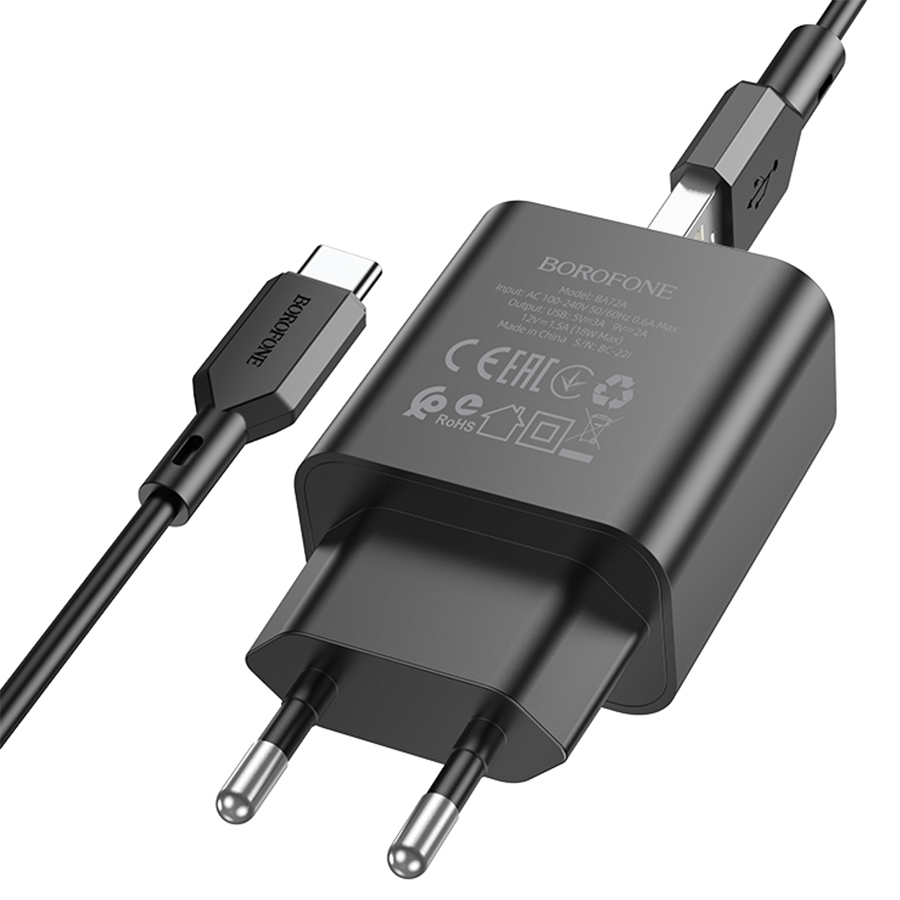 Сетевое зарядное устройство BOROFONE BA72A Spring 1xUSB с Кабелем USB - Type-C, 18W, черный фото