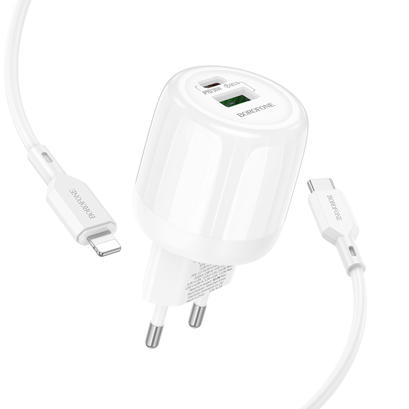 Сетевое зарядное устройство BOROFONE BA94A Lustrous 1xUSB + 1xUSB-C с Кабелем Type-C - Lightning, 3A, 30W, белый фото