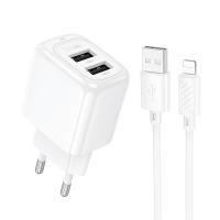 Сетевое зарядное устройство HOCO CS51A Surplus 2xUSB с Кабелем USB - Lightning, 2.4A, белый фото