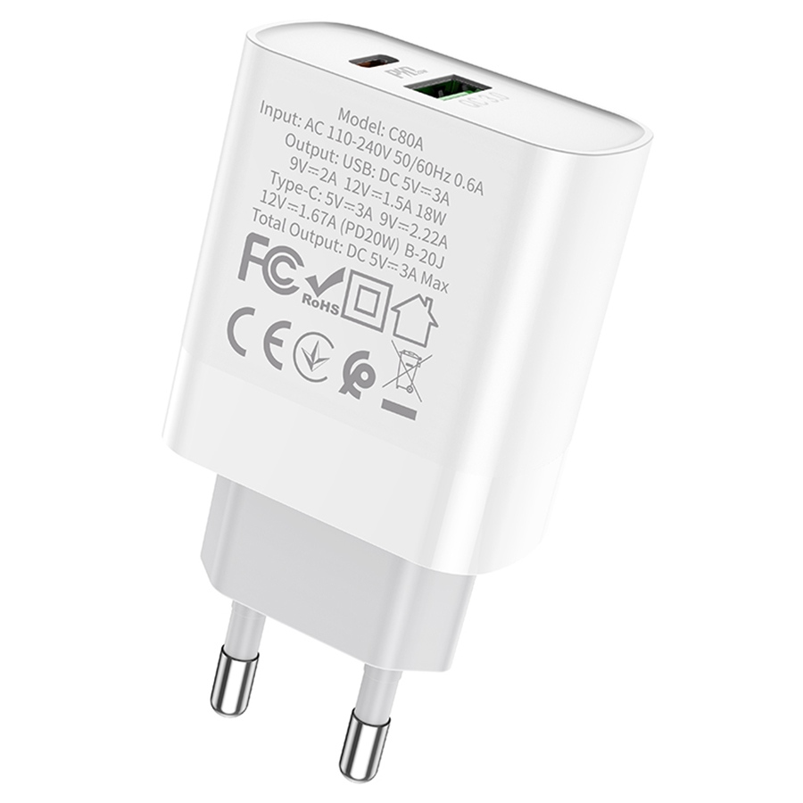 Сетевое зарядное устройство HOCO C80A Rapido 1xUSB + 1xUSB-C, 3.1A, 20W, белый фото