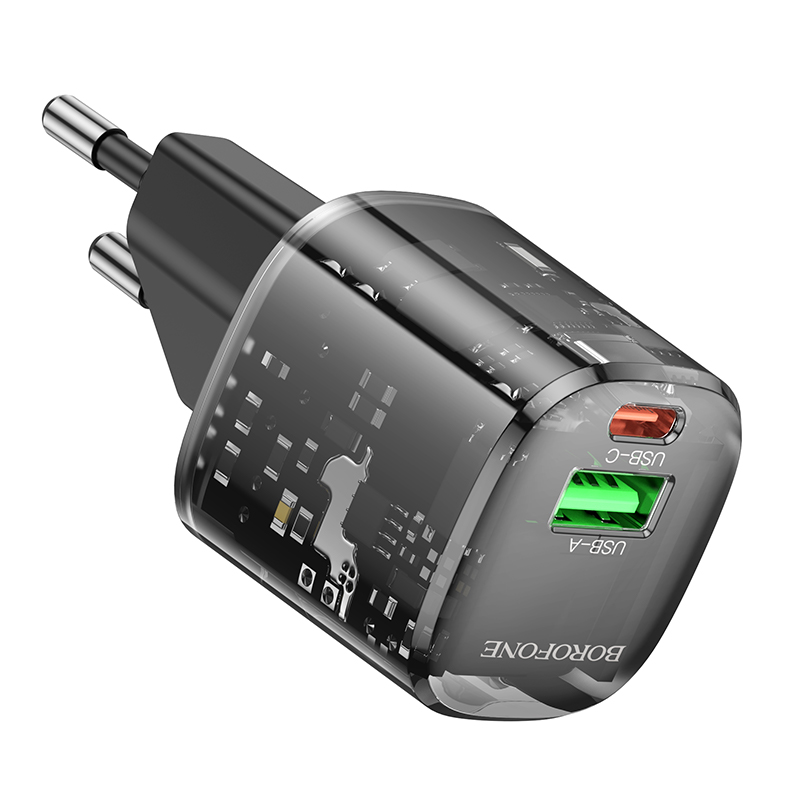 Сетевое зарядное устройство BOROFONE BN17 Sunlight 1xUSB + 1xUSB-C, 3A, 20W, прозрачный черный фото