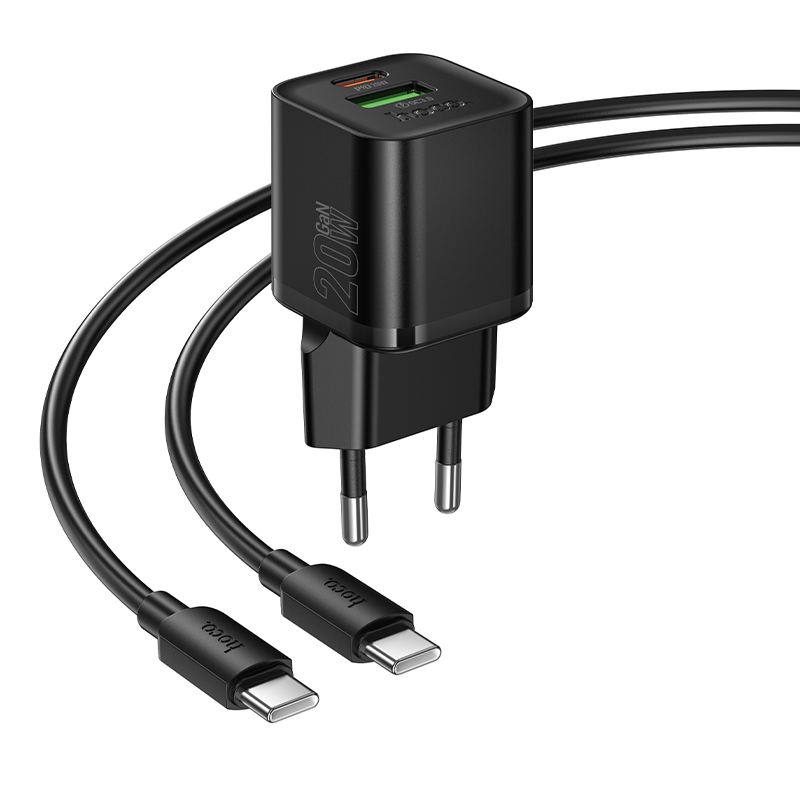 Сетевое зарядное устройство HOCO N65 Ingenious 1xUSB + 1xUSB-C с Кабелем Type-C - Type-C, 3A, 20W, черный фото