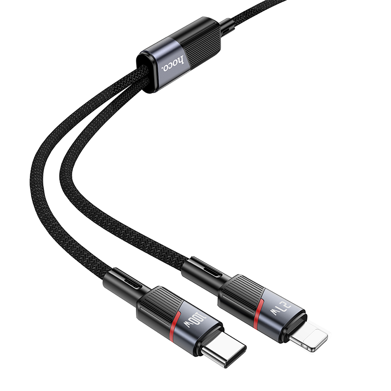 Кабель USB-C HOCO U139 2 в 1 Type-C - Type-C + Lightning, 5A, 100W, 1.2 м, черный фото