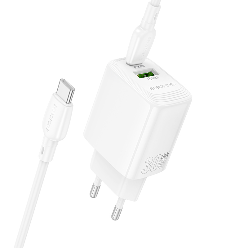 Сетевое зарядное устройство BOROFONE BN29 Fuente 1xUSB + 1xUSB-C с Кабелем Type-C - Type-C, 3A, 30W, белый фото