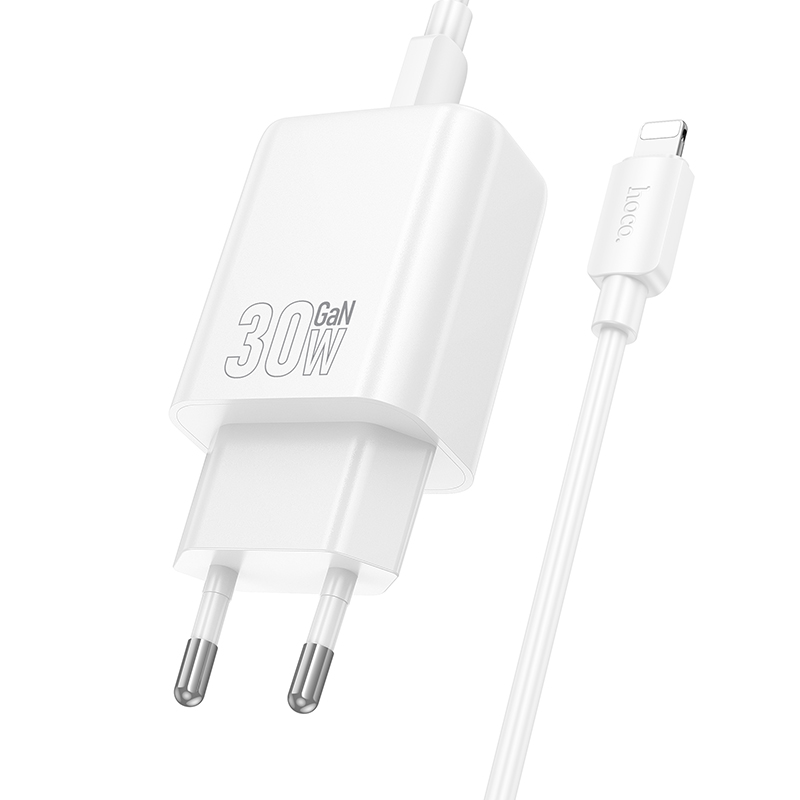 Сетевое зарядное устройство HOCO N63 Gentle 1xUSB + 1xUSB-C с Кабелем Type-C - Lightning, 3A, 30W, белый фото