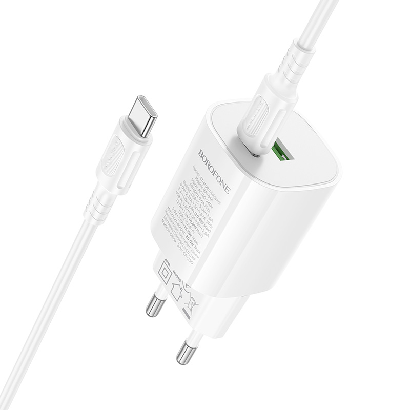 Сетевое зарядное устройство BOROFONE BA104A Pudding 1xUSB + 1xUSB-C с Кабелем Type-C - Type-C, 3A, 20W, белый фото