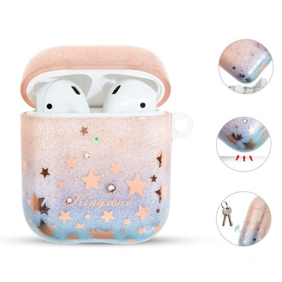 Чехол силиконовый Kingxbar Swarovski для Airpods 2, розовые блестки, звезды (33) фото