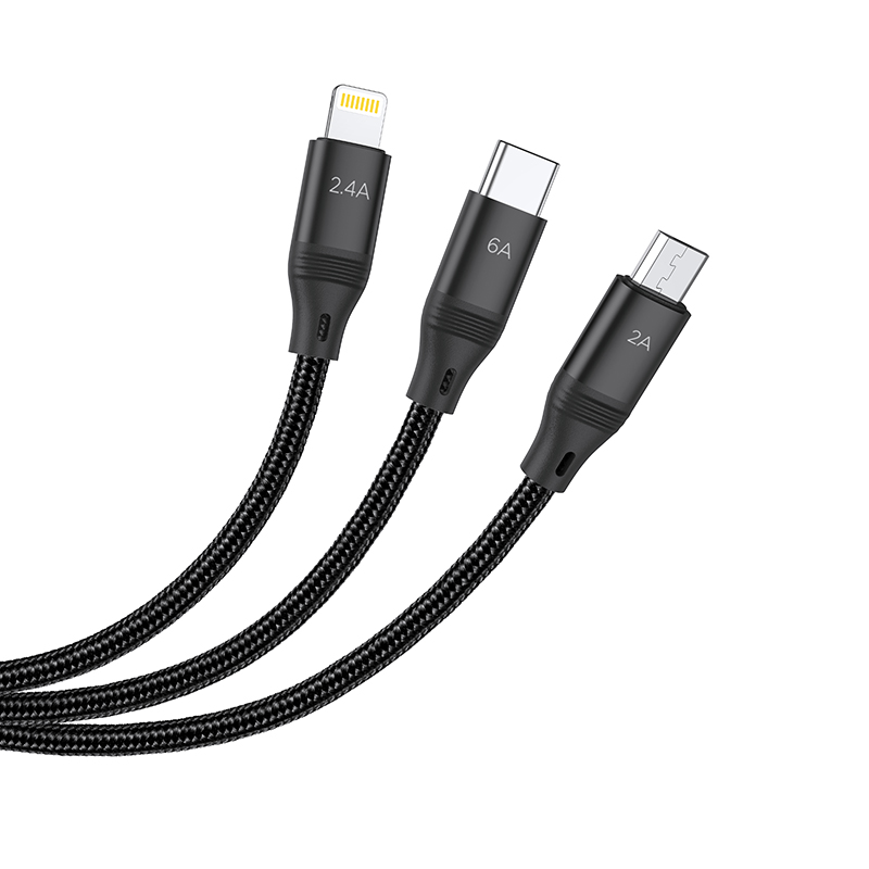 Кабель USB HOCO U104 3 в 1 USB - Type-C + Lightning + MicroUSB, 2А, 1 м, черный фото