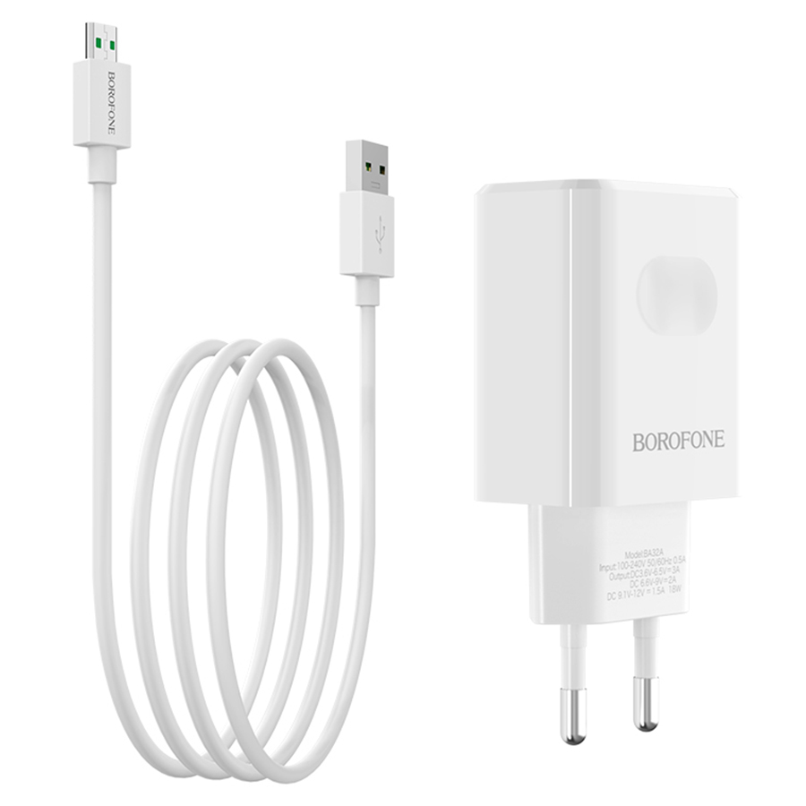 Сетевое зарядное устройство BOROFONE BA32A Bright power 1xUSB с Кабелем USB - Micro, 3A, 18W, белый фото