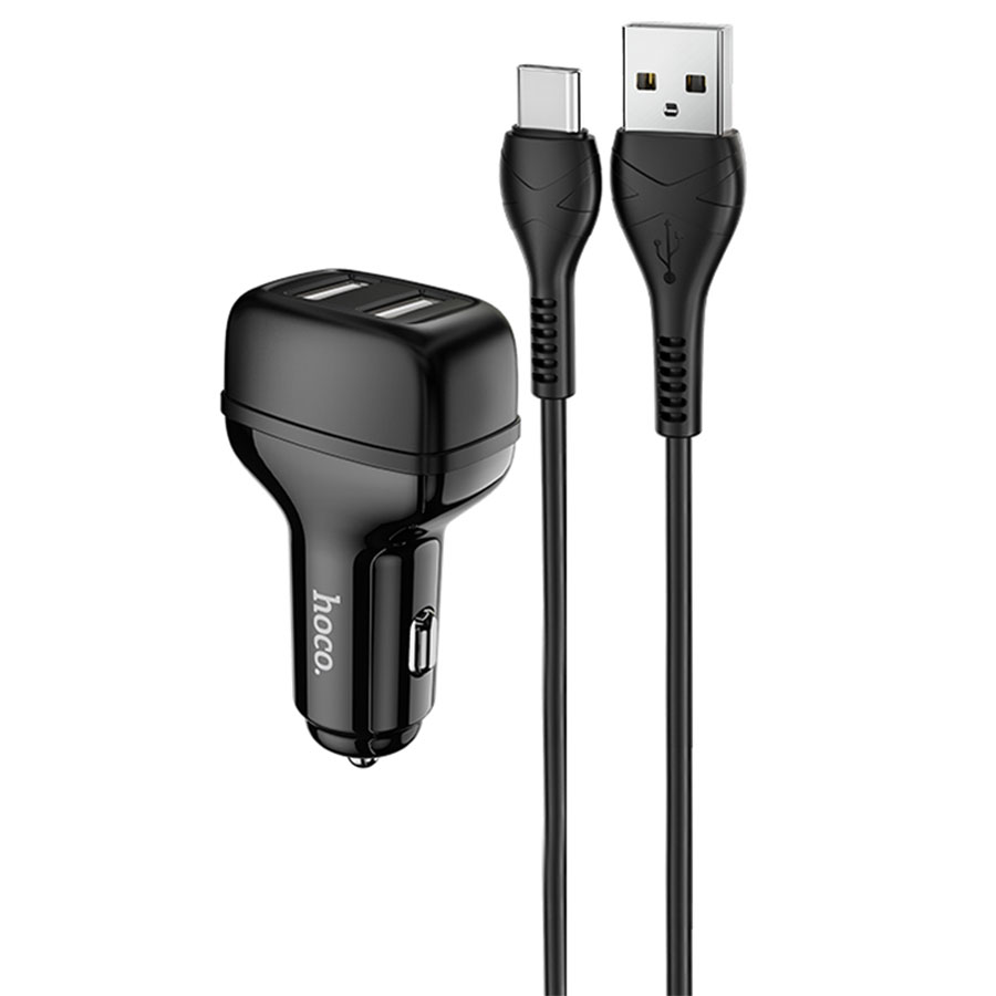 Автомобильное зарядное устройство HOCO Z36 Leader, 2xUSB с Кабелем USB - Type-C, 2.4A, черный фото