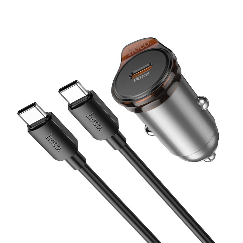 Автомобильное зарядное устройство HOCO NZ16 Rigorous, 1xUSB-C с Кабелем Type-C - Type-C, 30W, серый металлик фото