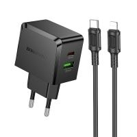 Сетевое зарядное устройство BOROFONE BAS61A Smart 1xUSB + 1xUSB-C с Кабелем Type-C - Lightning, 3A, 30W, черный фото