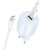 Сетевое зарядное устройство BOROFONE BA94A Lustrous 1xUSB + 1xUSB-C с Кабелем Type-C - Type-C, 3A, 30W, синий фото