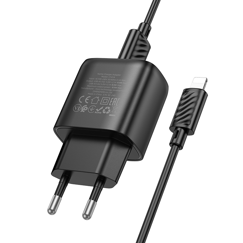 Сетевое зарядное устройство HOCO C141A Smart 2xUSB с Кабелем USB - Lightning, 2.1A, черный фото