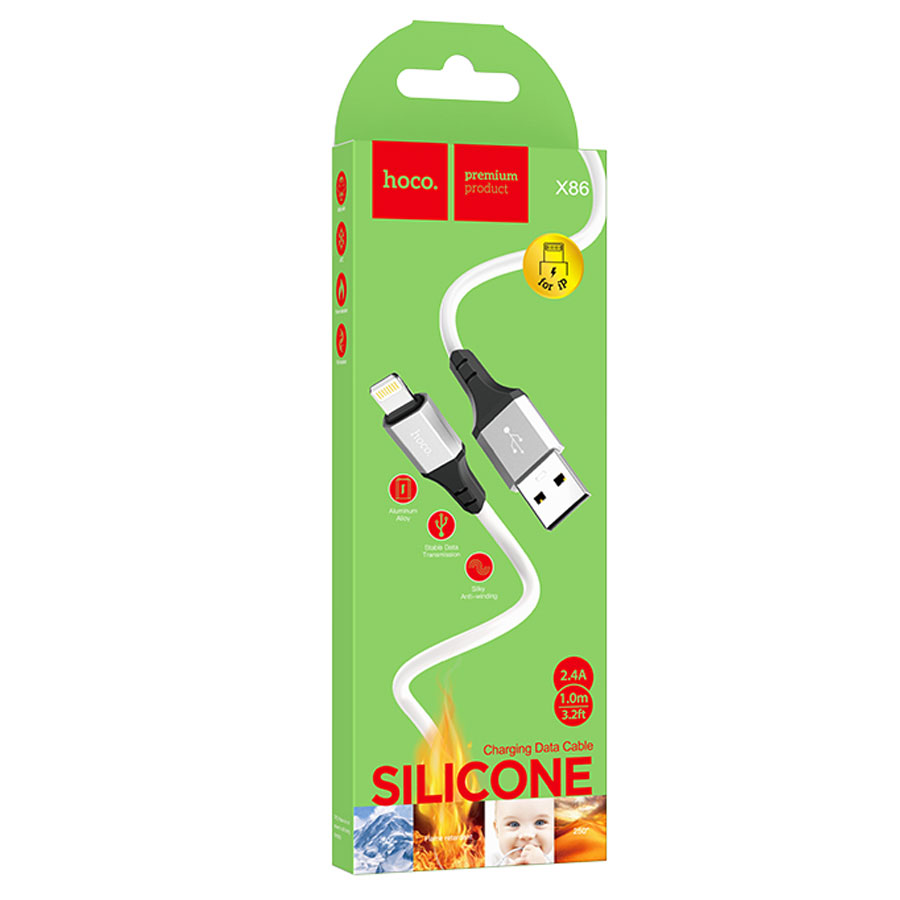 Кабель USB HOCO X86 Spear silicone USB - Lightning, 2.4А, 1 м, белый фото