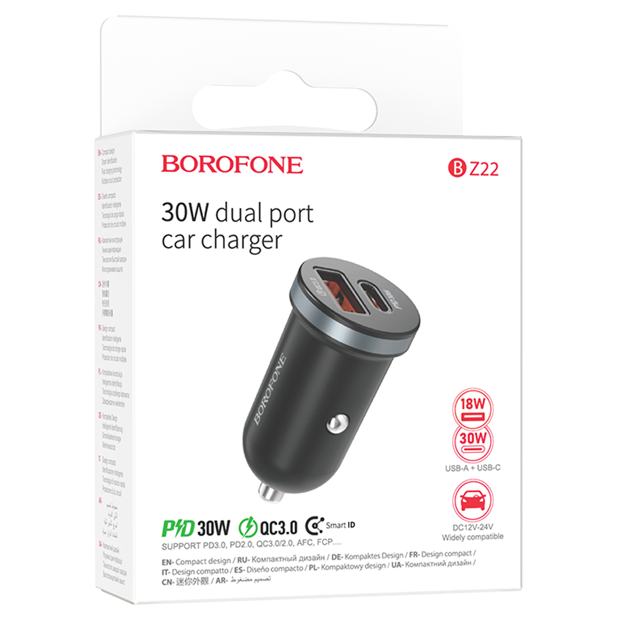 Автомобильное зарядное устройство BOROFONE BZ22 Scenery, 1xUSB + 1xUSB-C, 30W, черный фото