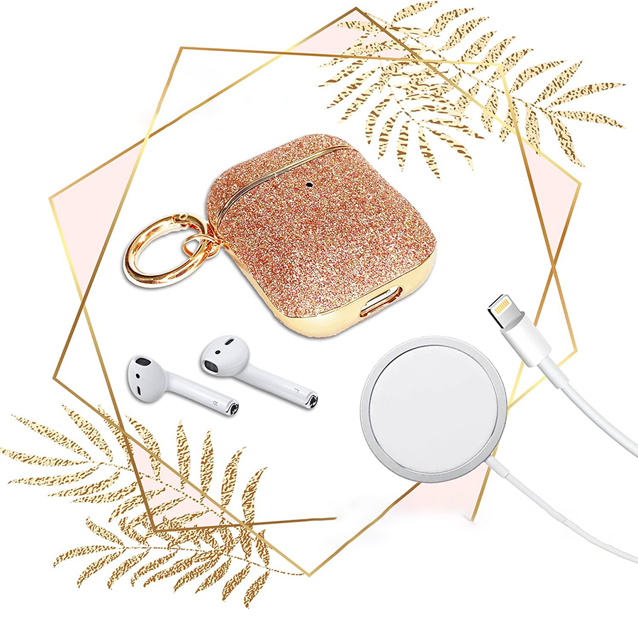 Чехол пластиковый Kingxbar со шнурком для Airpods 2, персиковые стразы (40) фото