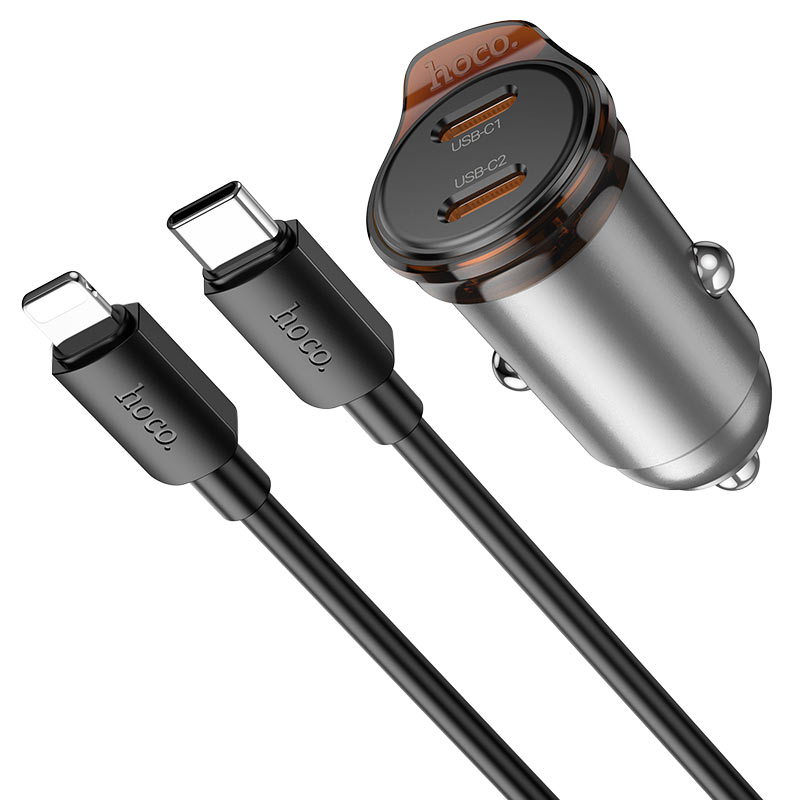 Автомобильное зарядное устройство HOCO NZ16B Rigorous, 2xUSB-C с Кабелем Type-C - Lightning, 45W, серый металлик фото