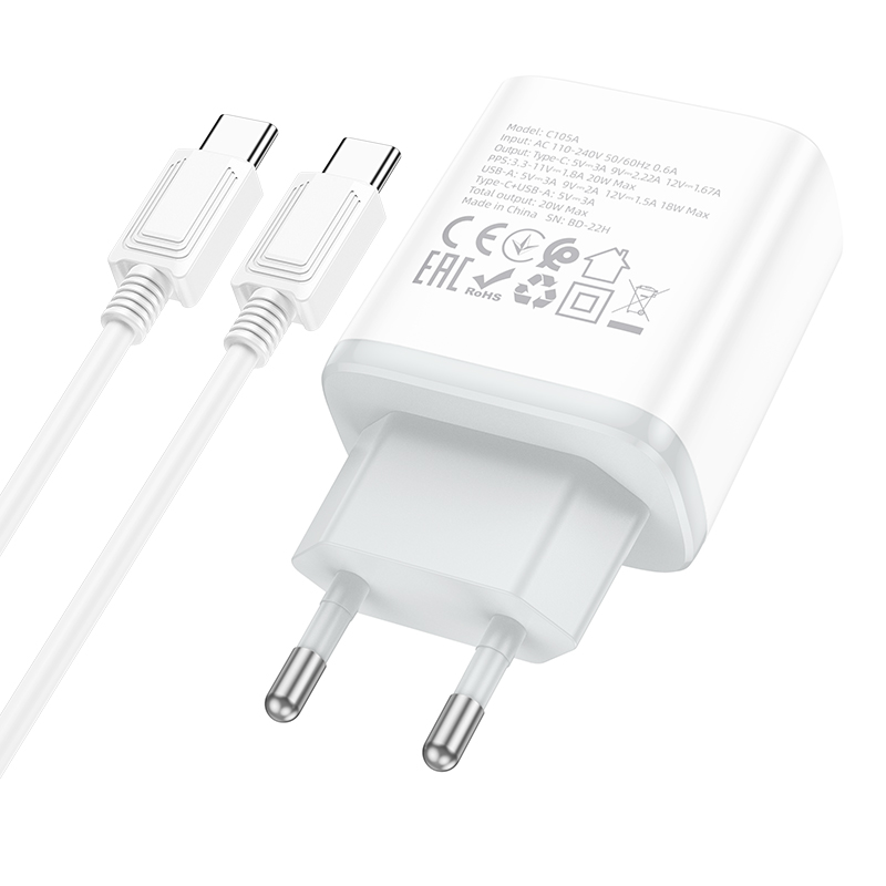 Сетевое зарядное устройство HOCO C105A Stage 1xUSB + 1xUSB-C с Кабелем Type-C - Type-C, 3A, 20W, белый фото