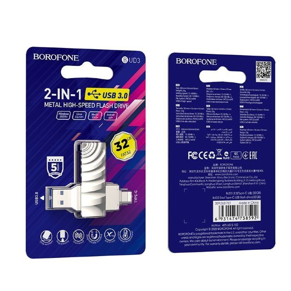 USB флеш-накопитель BOROFONE BUD3 Soul, USB 3.0/Type-C, 32GB, серебристый фото