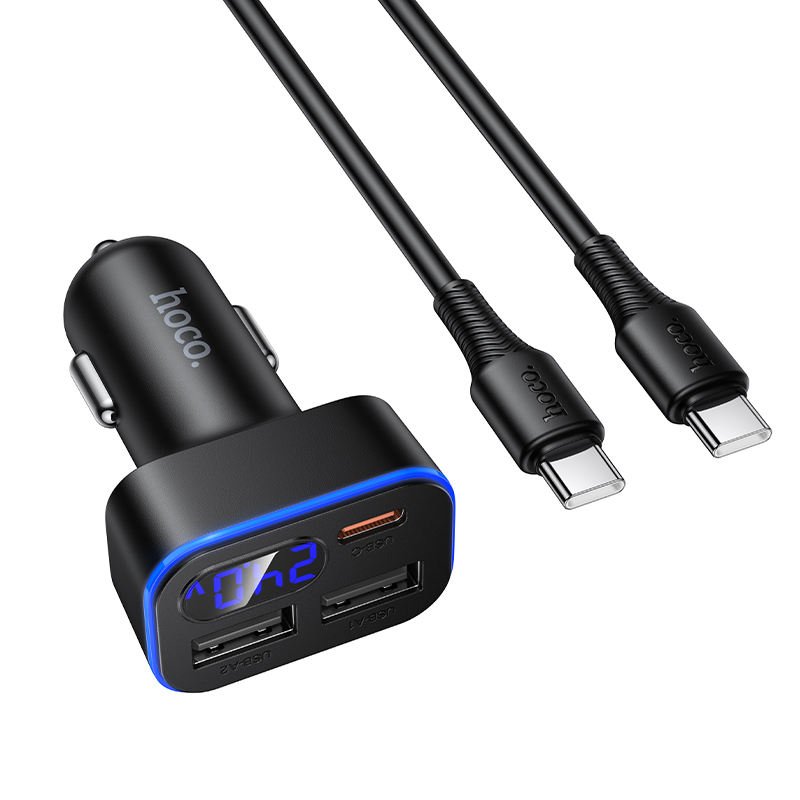 Автомобильное зарядное устройство HOCO Z63A Barry, 2xUSB + 1xUSB-C с Кабелем Type-C - Type-C, 2.4A, 42W, черный фото