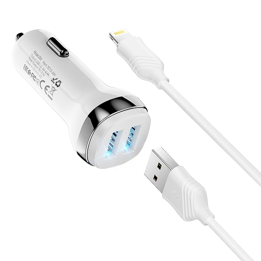 Автомобильное зарядное устройство HOCO Z40 Superior, 2xUSB с Кабелем USB - Lightning, 2.4A, белый фото