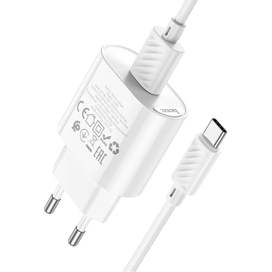 Сетевое зарядное устройство HOCO C109A Fighter 1xUSB с Кабелем USB - Type-C, 3.0A, 18W, белый фото