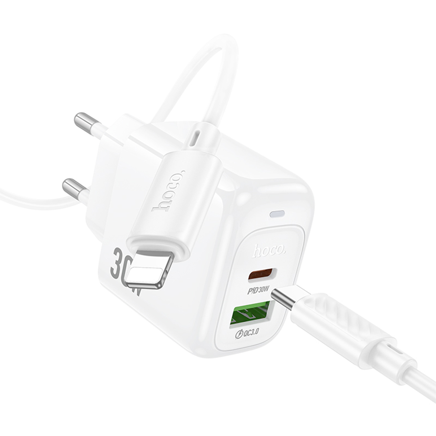 Сетевое зарядное устройство HOCO CS55A Surplus 1xUSB + 1xUSB-C с Кабелем Type-C - Lightning, 30W, белый фото