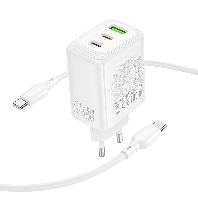 Сетевое зарядное устройство BOROFONE BN32 Cargador 1xUSB + 2xUSB-C с Кабелем Type-C - Type-C, 65W, белый фото