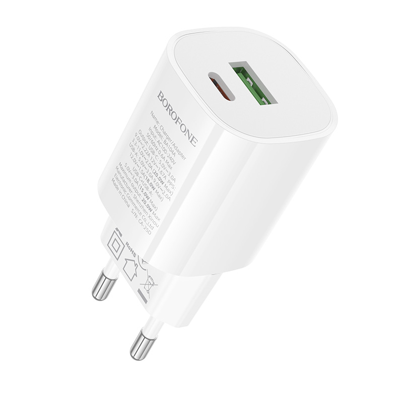Сетевое зарядное устройство BOROFONE BA104A Pudding 1xUSB + 1xUSB-C, 3A, 20W, белый фото