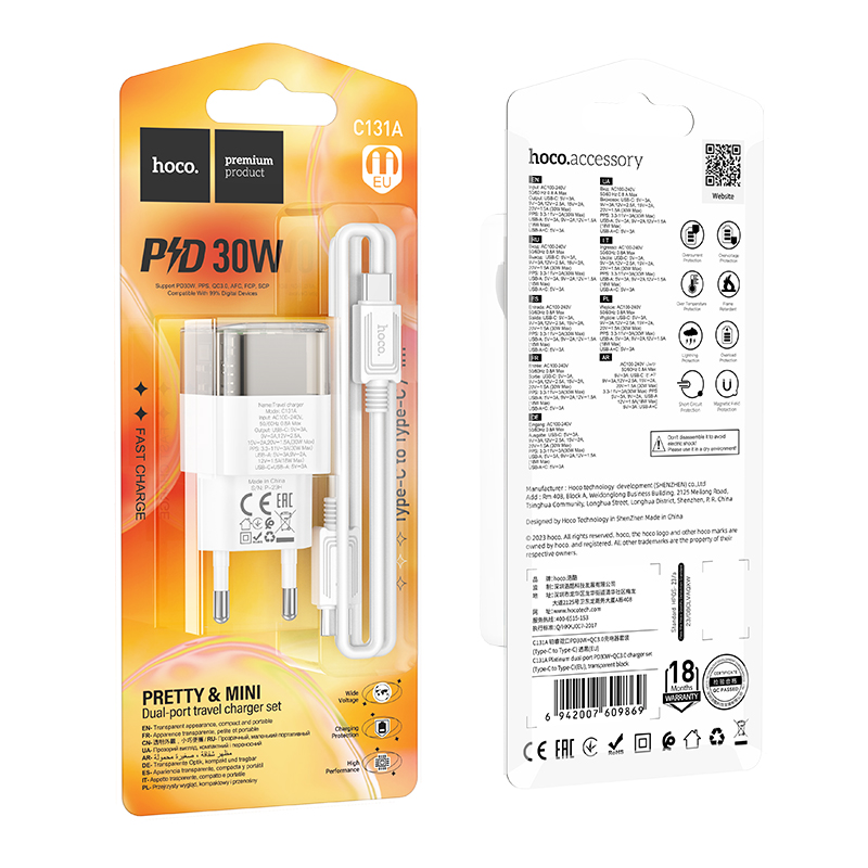Сетевое зарядное устройство HOCO C131A Platinum 1xUSB + 1xUSB-C с Кабелем Type-C - Type-C, 3A, 30W, прозрачный черный фото