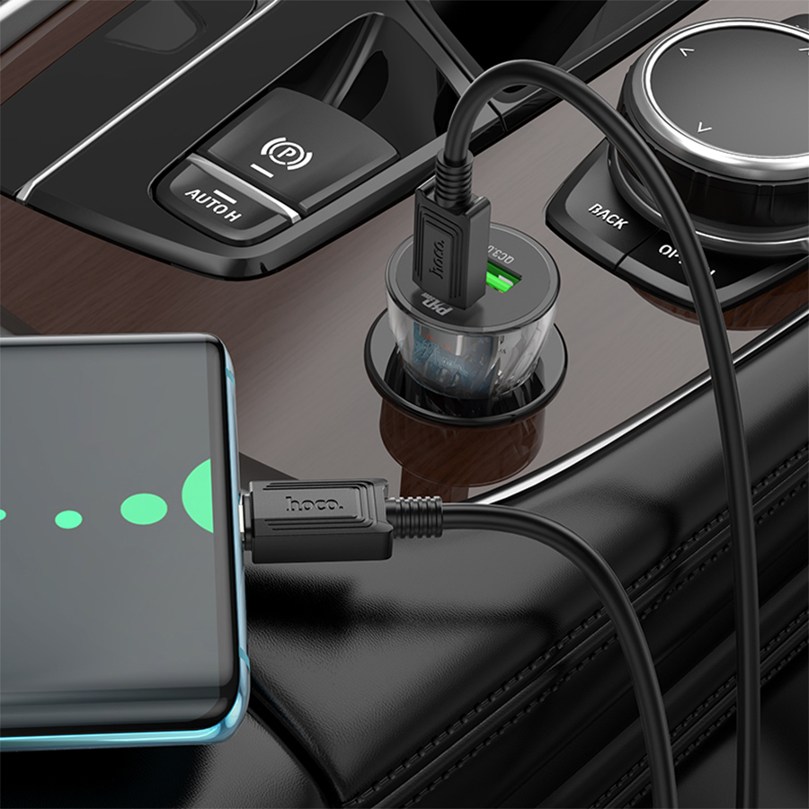 Автомобильное зарядное устройство HOCO Z47A Transparent Discovery, 1xUSB + 1xUSB-C, 3A, 20W, темно-прозрачный фото