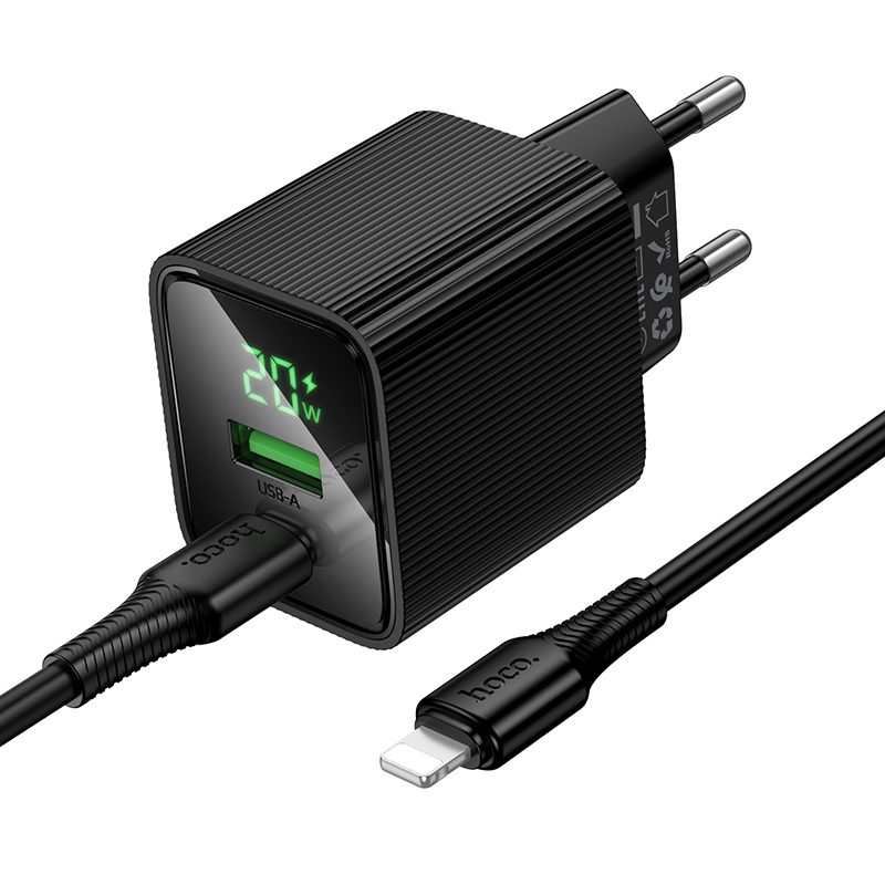 Сетевое зарядное устройство HOCO CS83A Excellent 1xUSB + 1xUSB-C с Кабелем Type-C - Lightning, 3A, 20W, черный фото