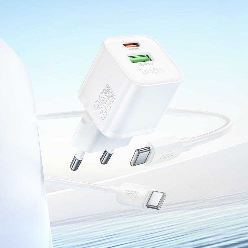 Сетевое зарядное устройство HOCO N65 Ingenious 1xUSB + 1xUSB-C с Кабелем Type-C - Type-C, 3A, 20W, белый фото